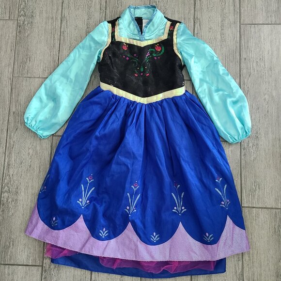 Disney Frozen Anna Costume Dress Girls 5/6 Blue Black Long Sleeve - Picture 1 of 8
